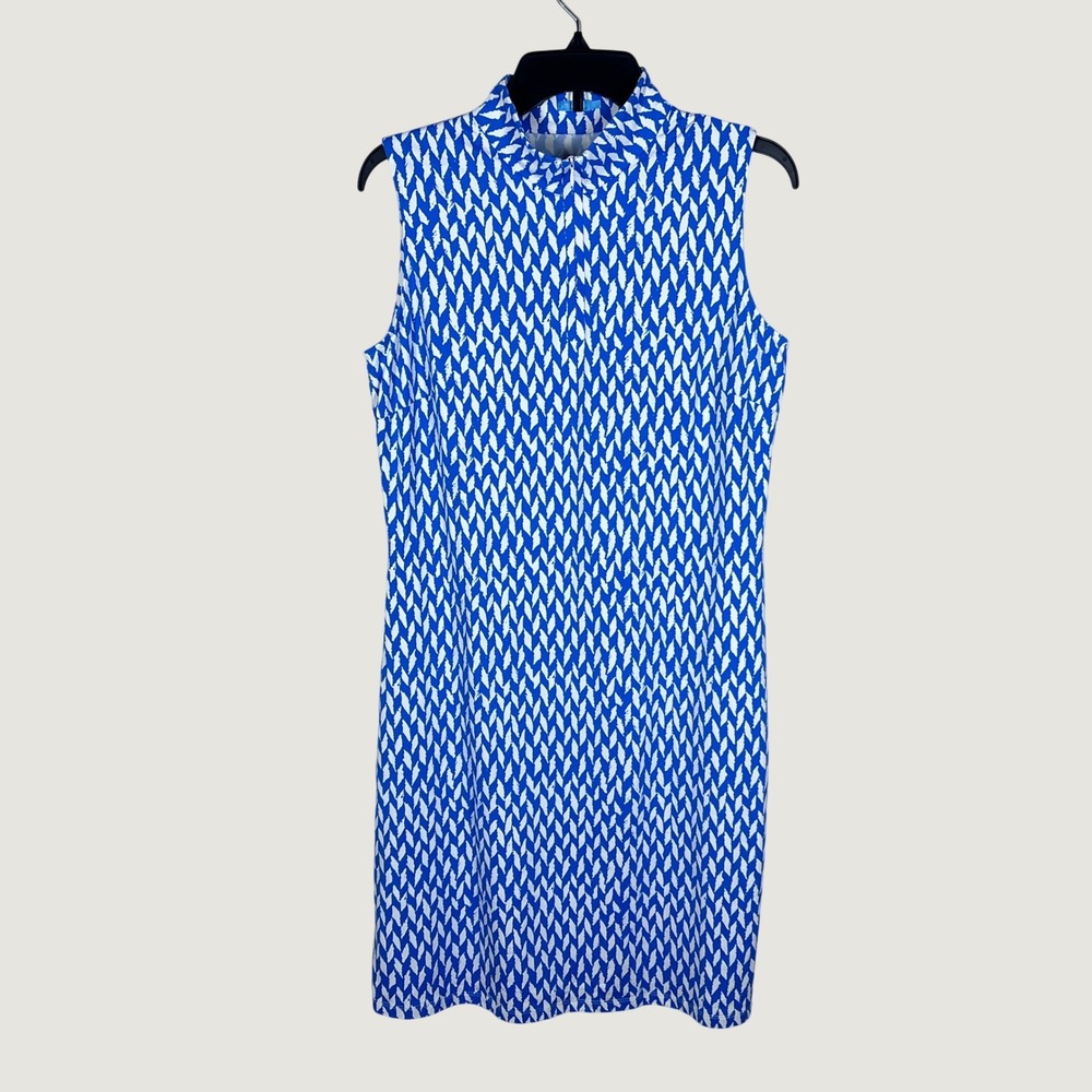 J.McLaughlin Dress Women L Blue Geometric Sleeveless Mock Neck Catalina Cloth